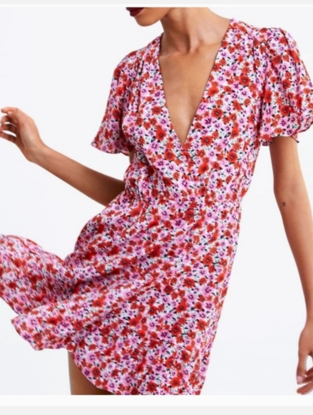 Zara Pink and Red Floral Faux Wrap V-Neck Mini Dress L